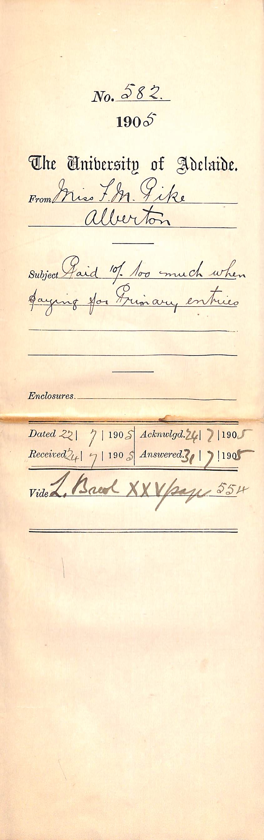 Paid 10 shillings too much when paying for Primary Entries