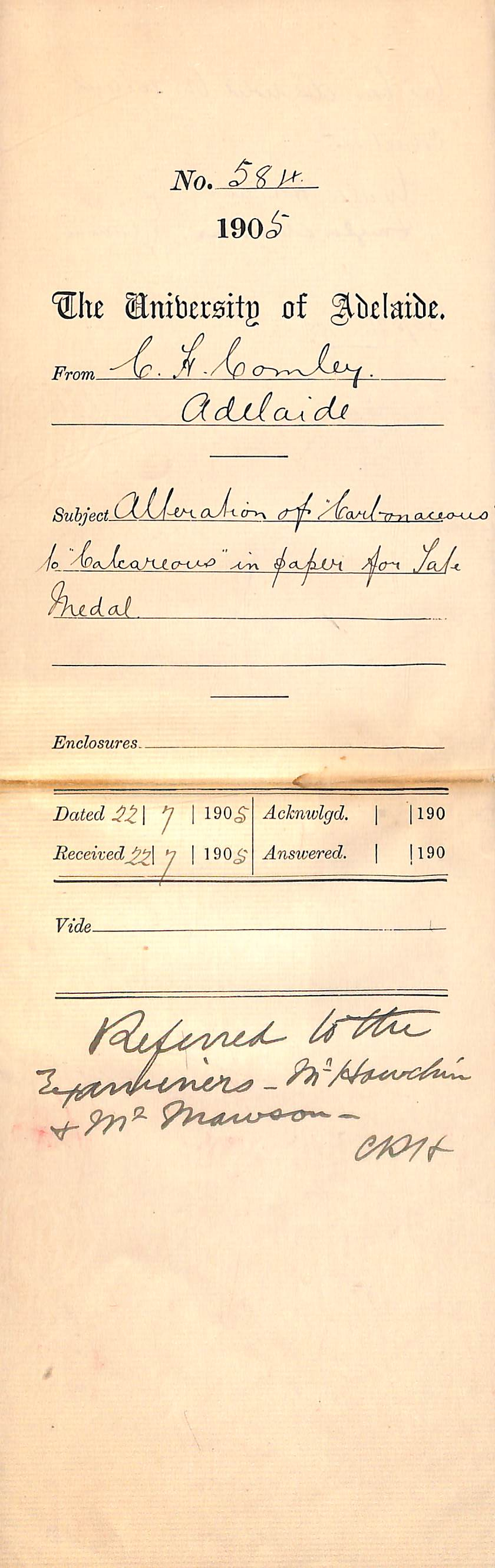 Alteration of Carbonaceous to Calcareous in paper for Tate Medal