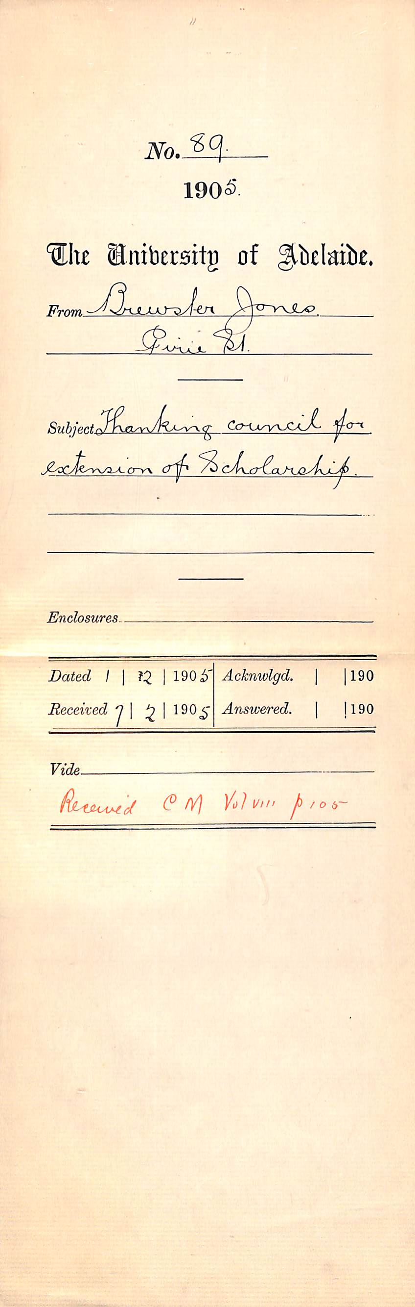 Thanking council for extension of Scholarship