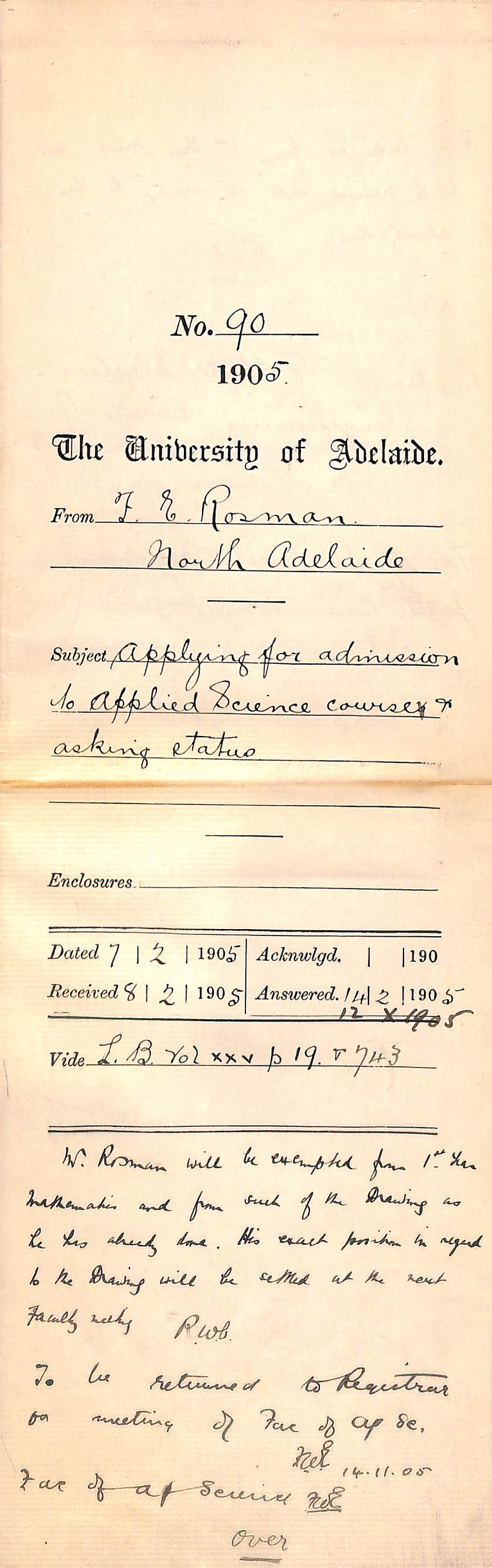 Applying for admission to Applied Science course and asking status