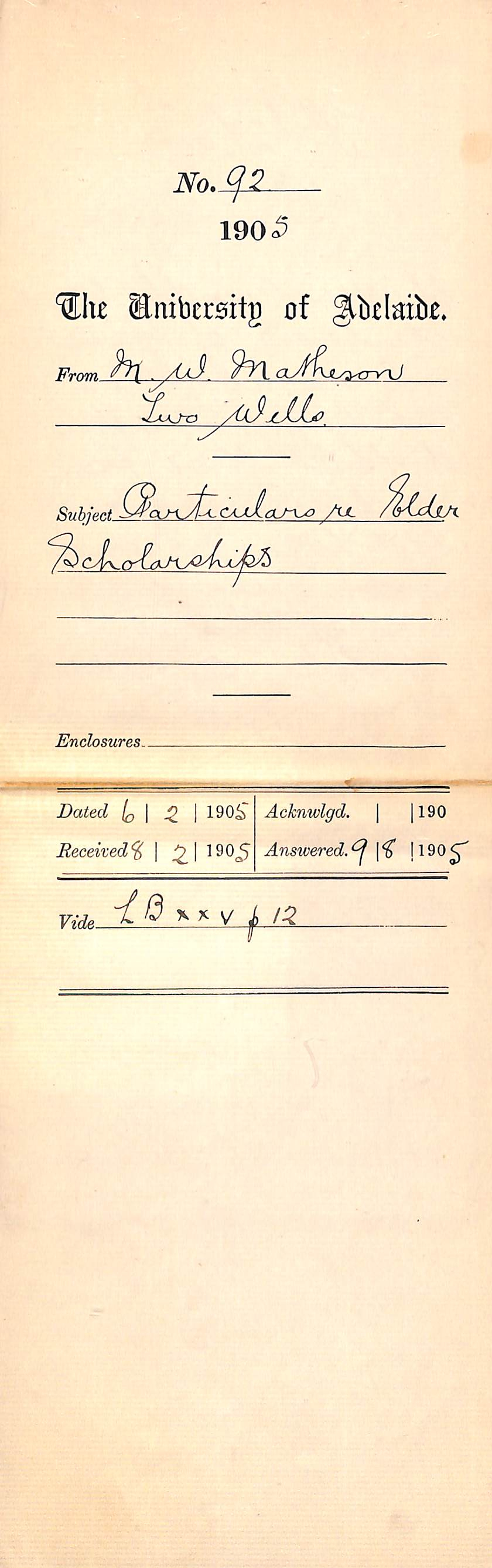 Particulars re Elder Scholarship - Matheson