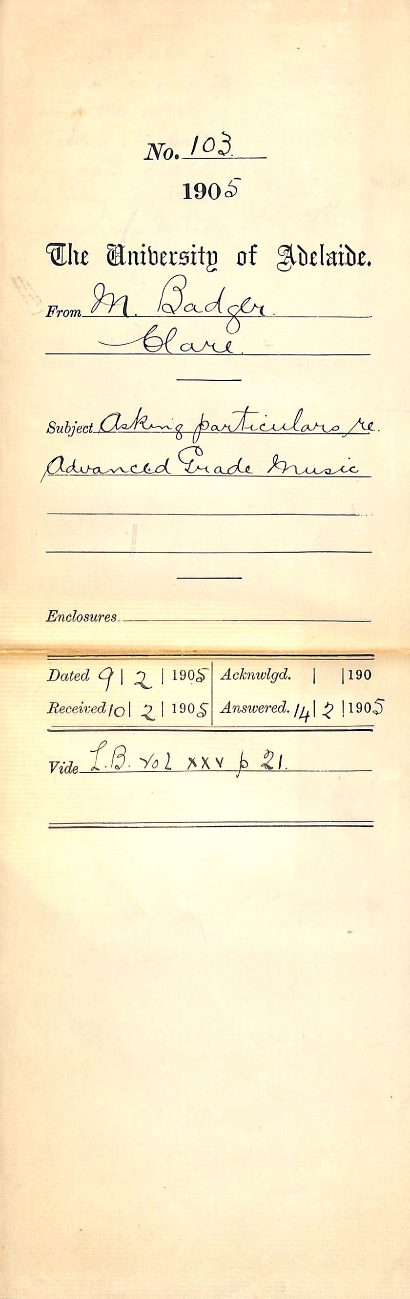 Asking particulars re Advanced Grade Music Examination