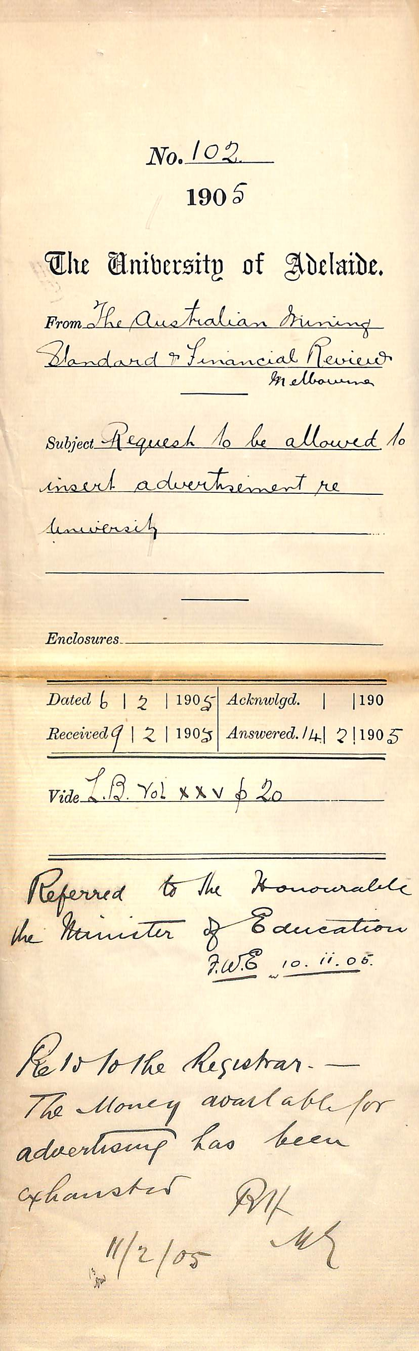 Request to insert advertisement re University