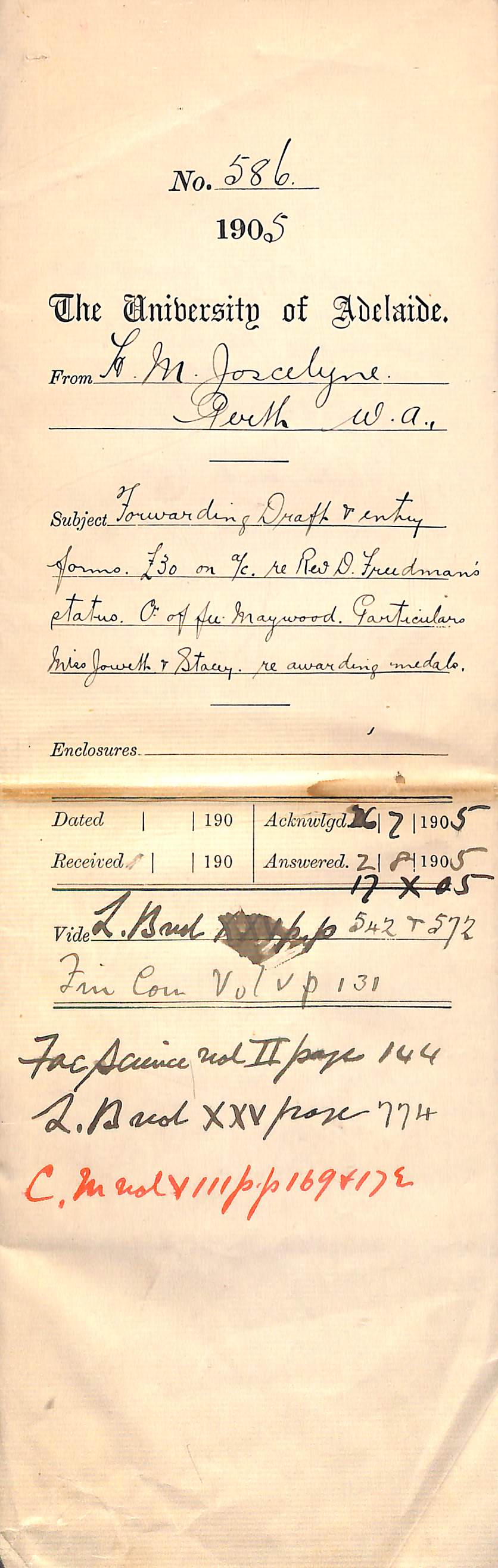 Draft and Entry Forms - &pound;30 on Account - Rev Freedman's status - Credit of fee Maywood - Medals etc