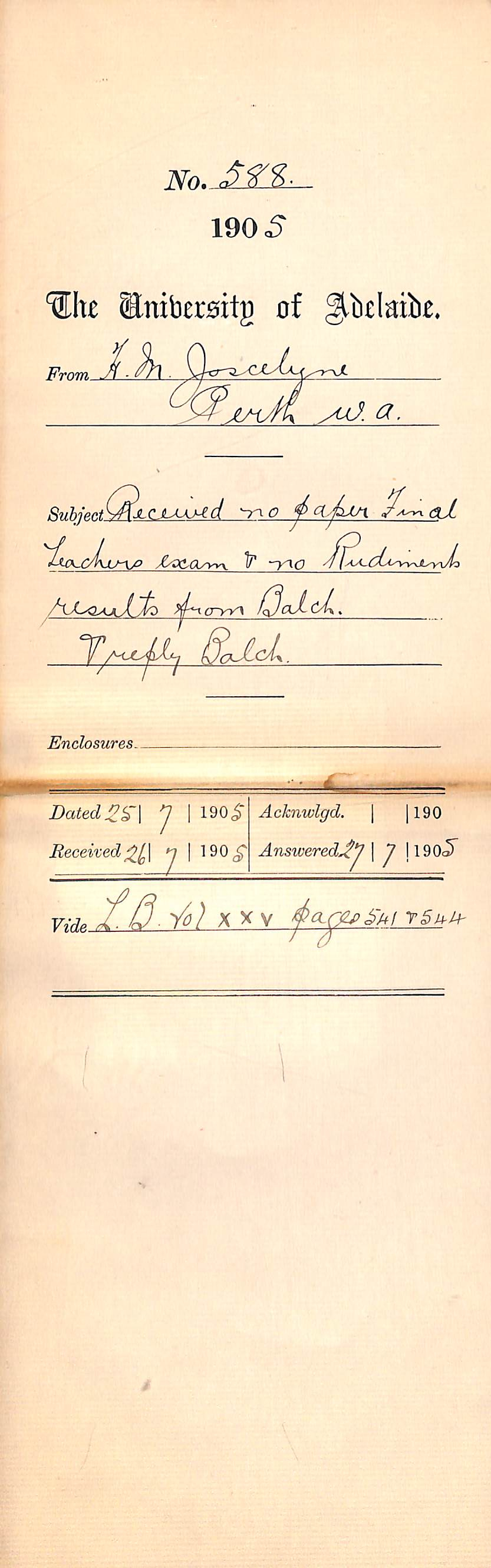 Received no paper Final Teachers Exam - No Rudiments results from Balch - Reply Balch