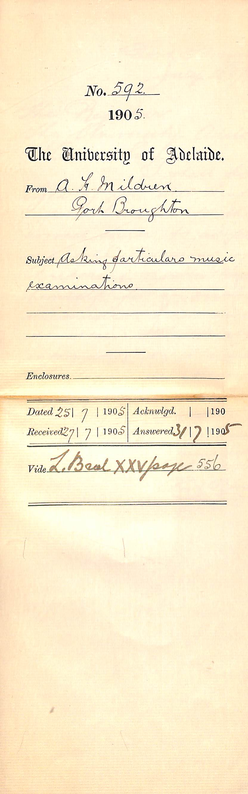 Asking particulars Music Examinations - Mildren