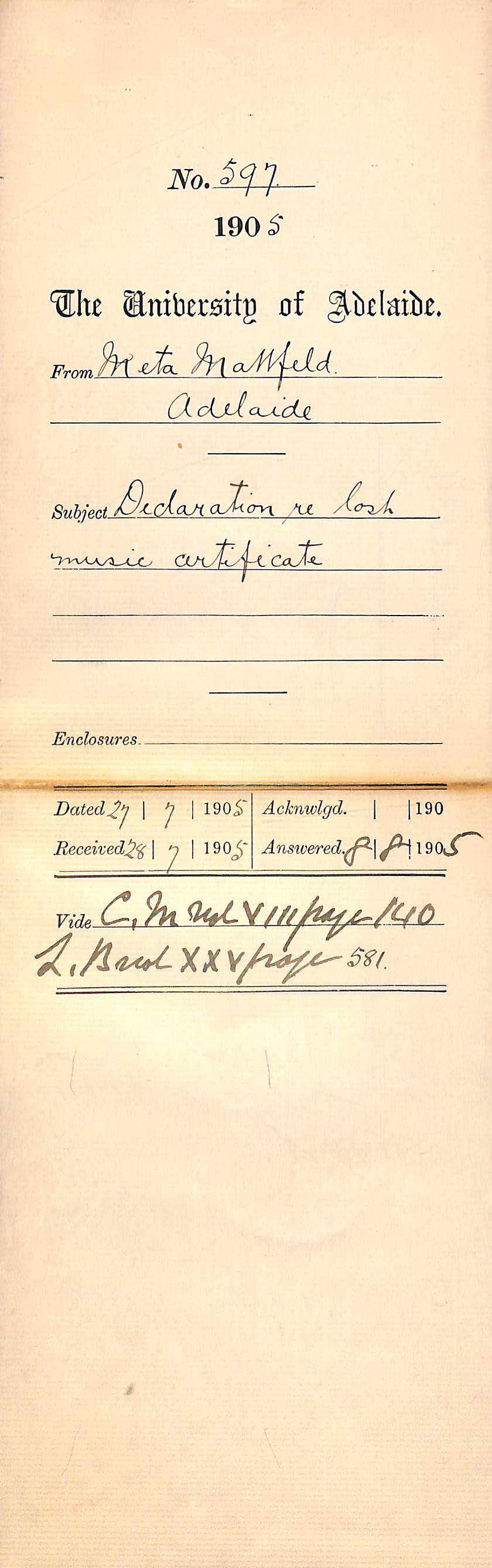 Declaration re lost Music Certificate