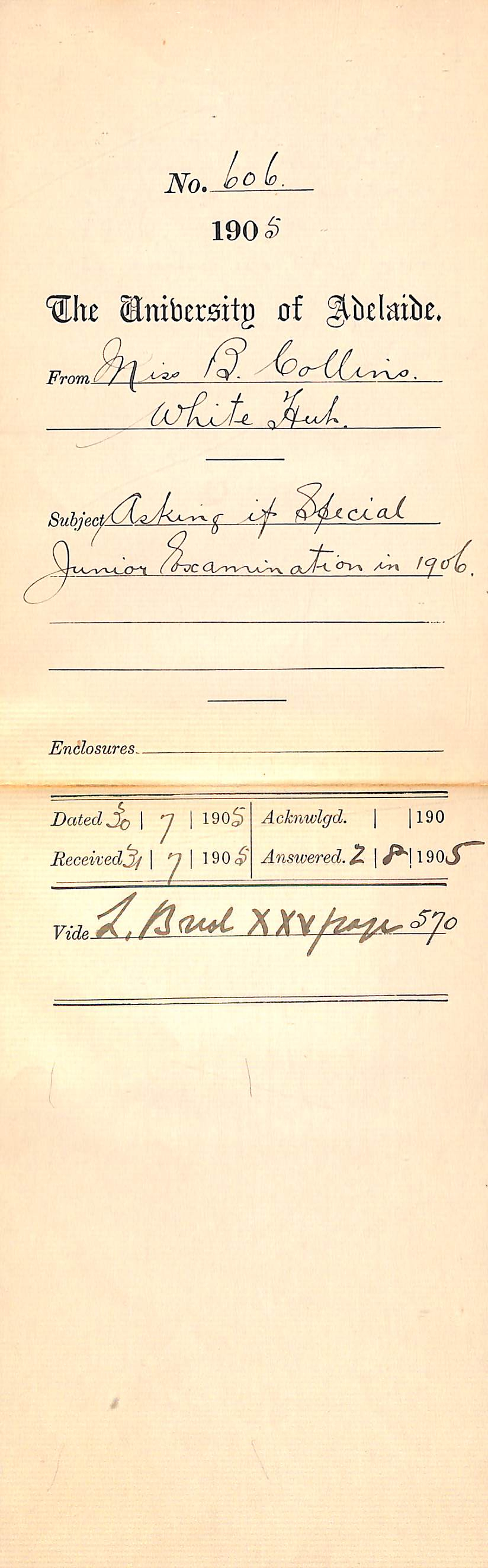 Asking if Special Junior Examination in 1906