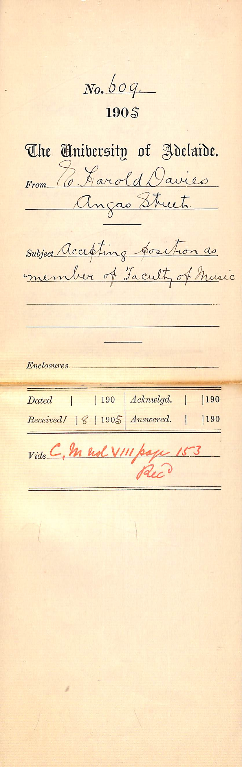 Accepting position as member of Faculty of Music