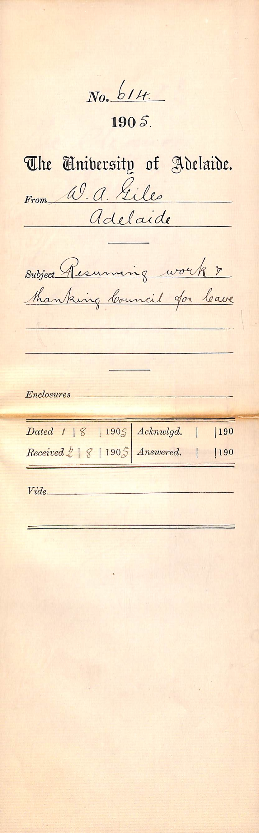 Resuming work and thanking Council for leave