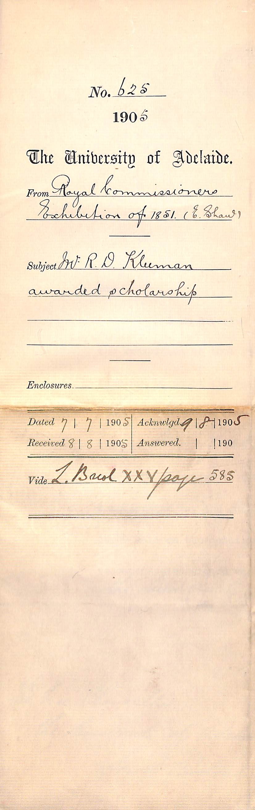 Mr R D Kleeman awarded Scholarship