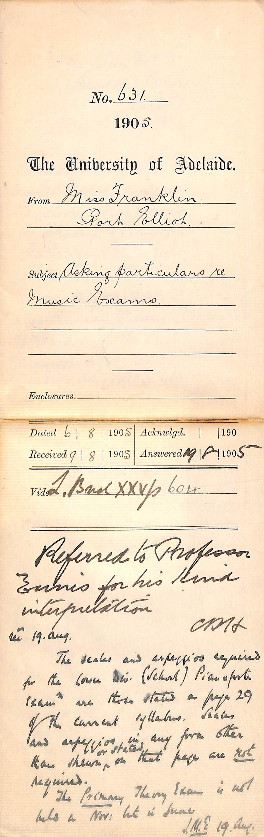 Asking particulars re Music Exams - Franklin