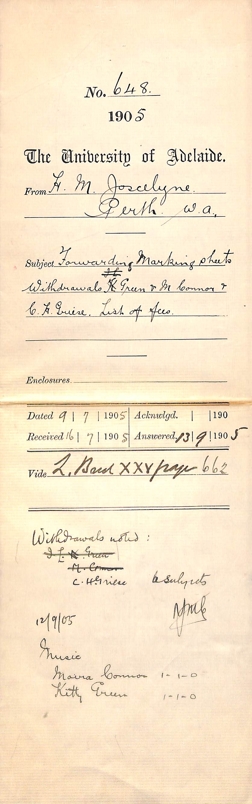 Forwarding marking sheets, withdrawal Green - M Connor - C H Griese - list of fees