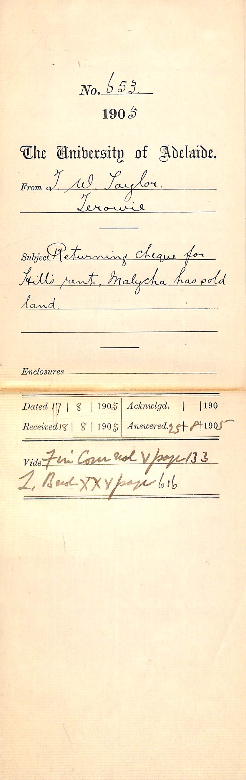 Returning cheque for Hill's rent Malycha has sold land