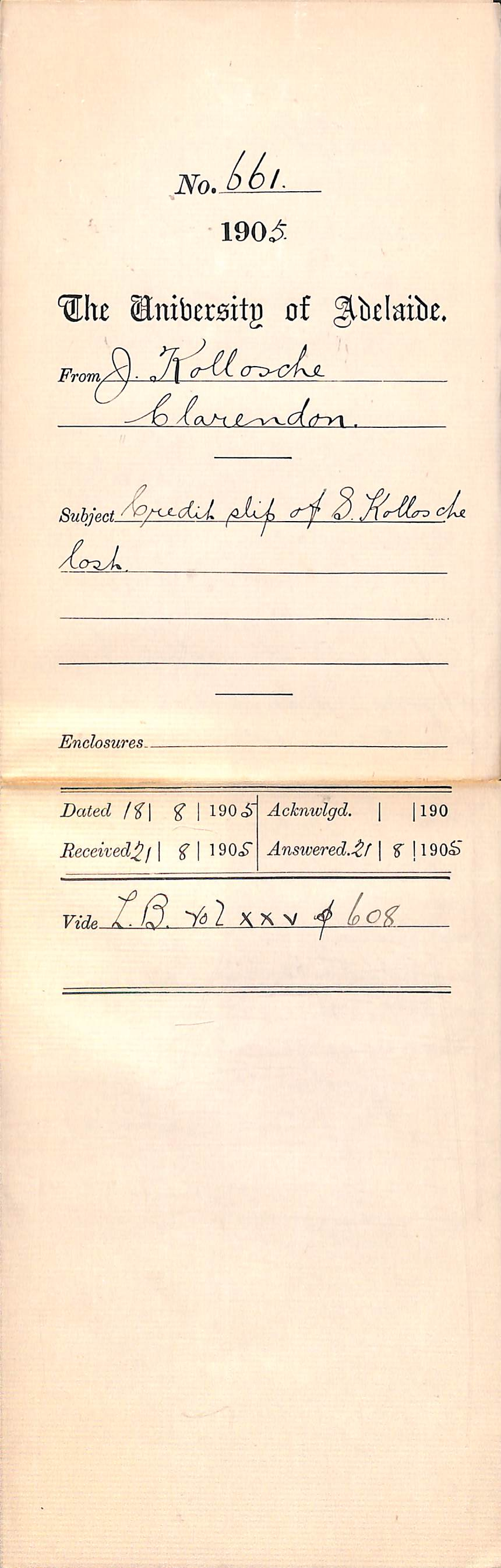 Credit slip of S Kollosche lost