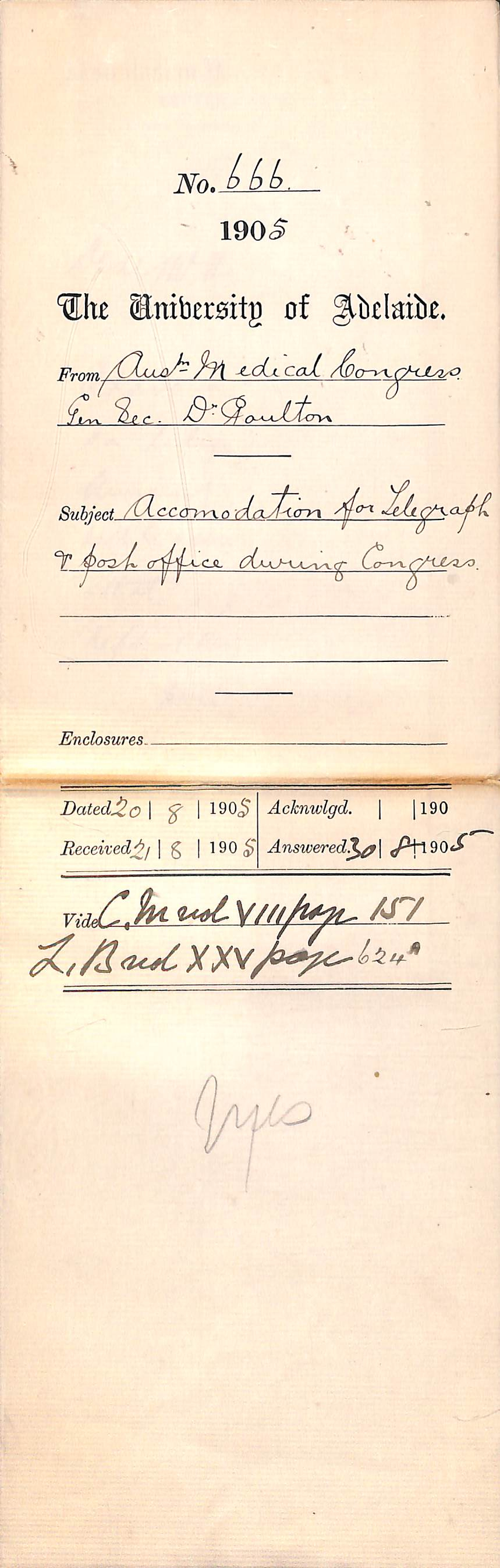 Accommodation for Telegraph and Post Office during Congress