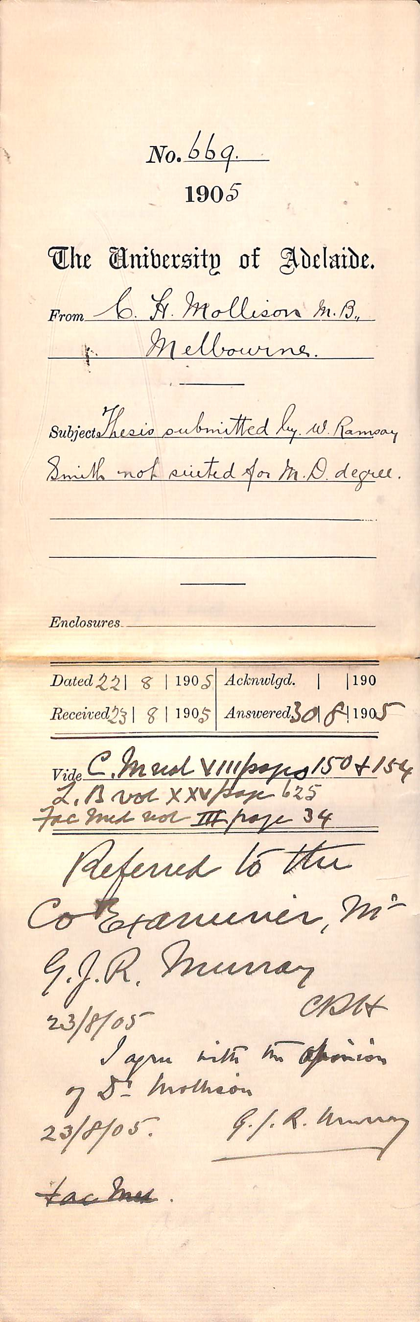 Thesis submitted by W Ramsay Smith not suited for MD degree