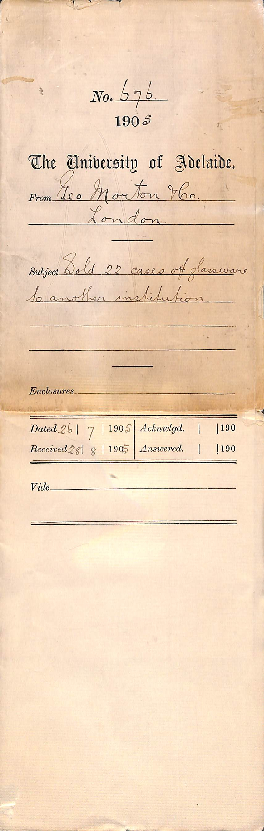 Sold 22 cases of Glassware to another Institution