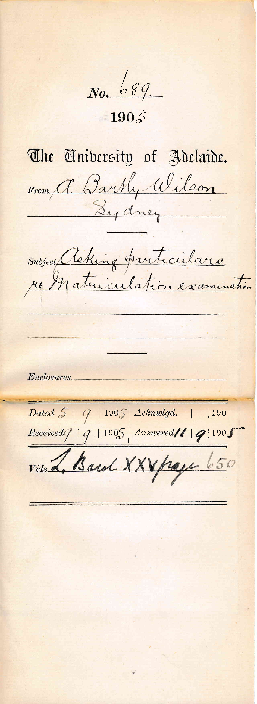 Asking particulars re Matriculation Examination - Wilson