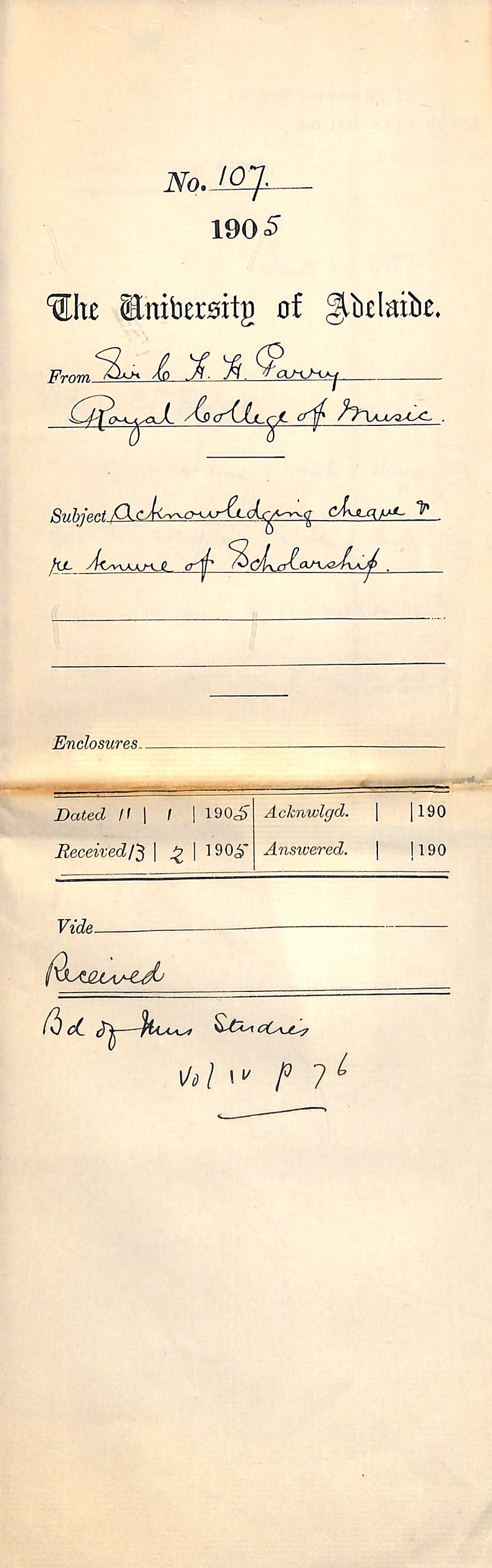 Acknowledging cheque - re tenure of Scholarship