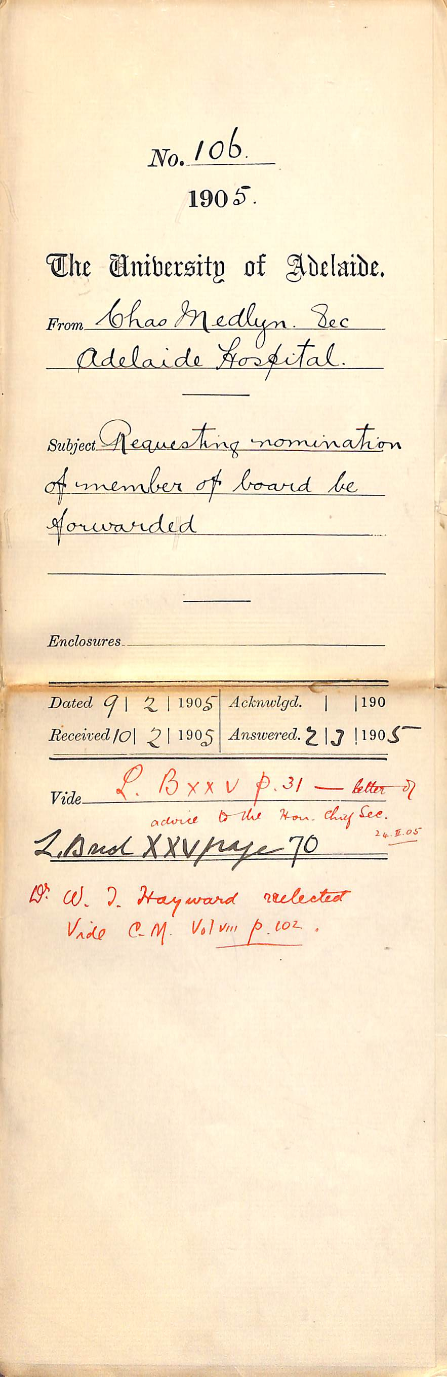 Requesting nomination of member of board be forwarded