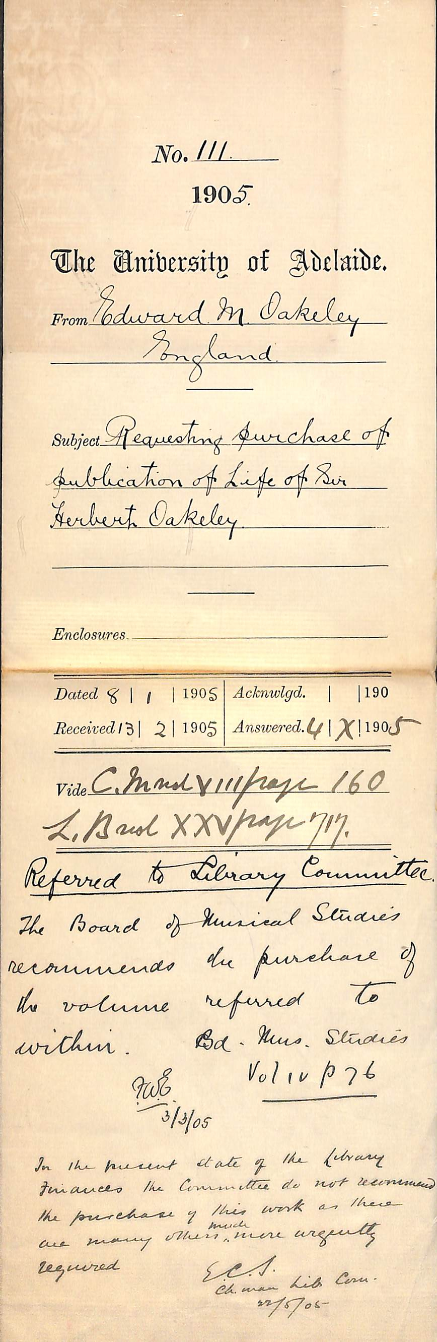 Requesting purchase of publication of Life of Sir Herbert Oakeley