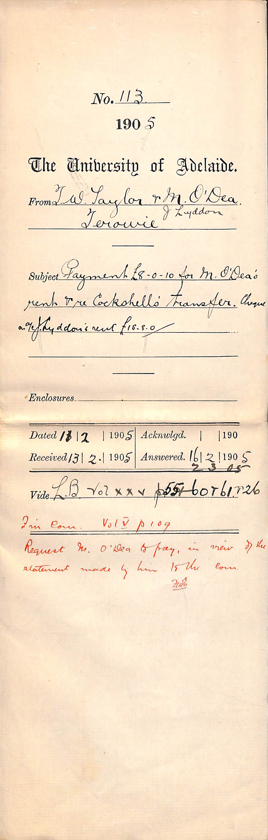 Payment &pound;8-0-10 O'Dea's rent - Re Cockshell's transfer - Cheque on Lyddon's rent &pound;15-8-0