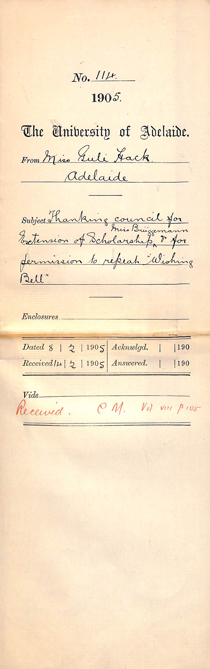 Thanking council for extension of Scholarship and permission to repeat 'Wishing Bell'