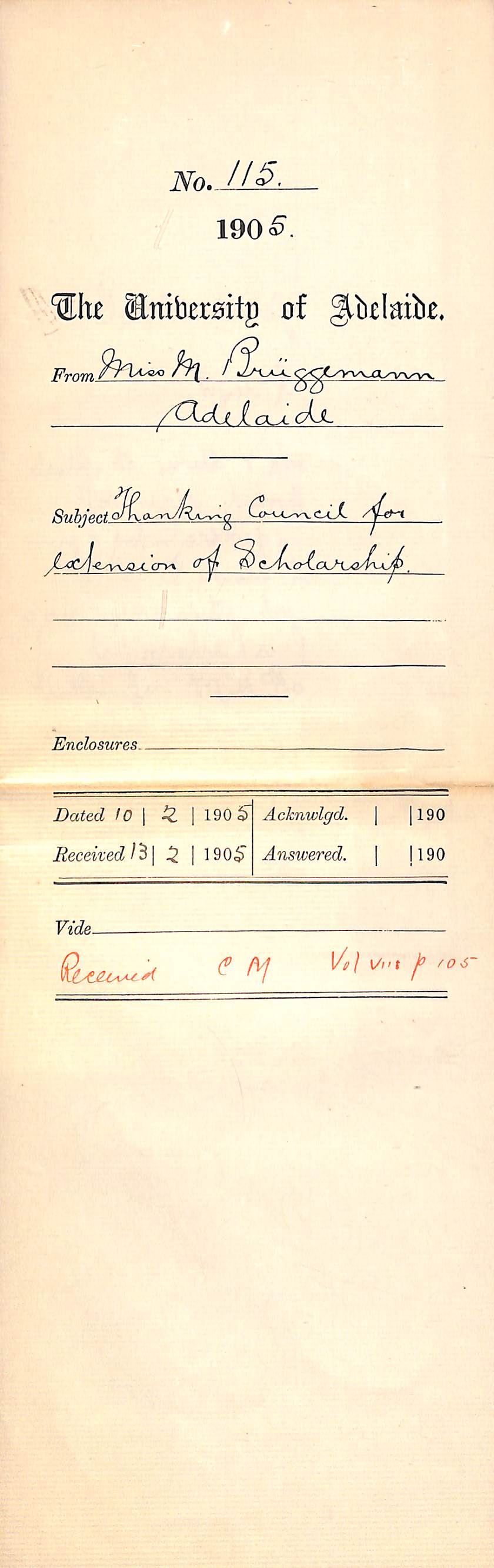 Thanking Council for extension of Scholarship - Br&uuml;ggemann