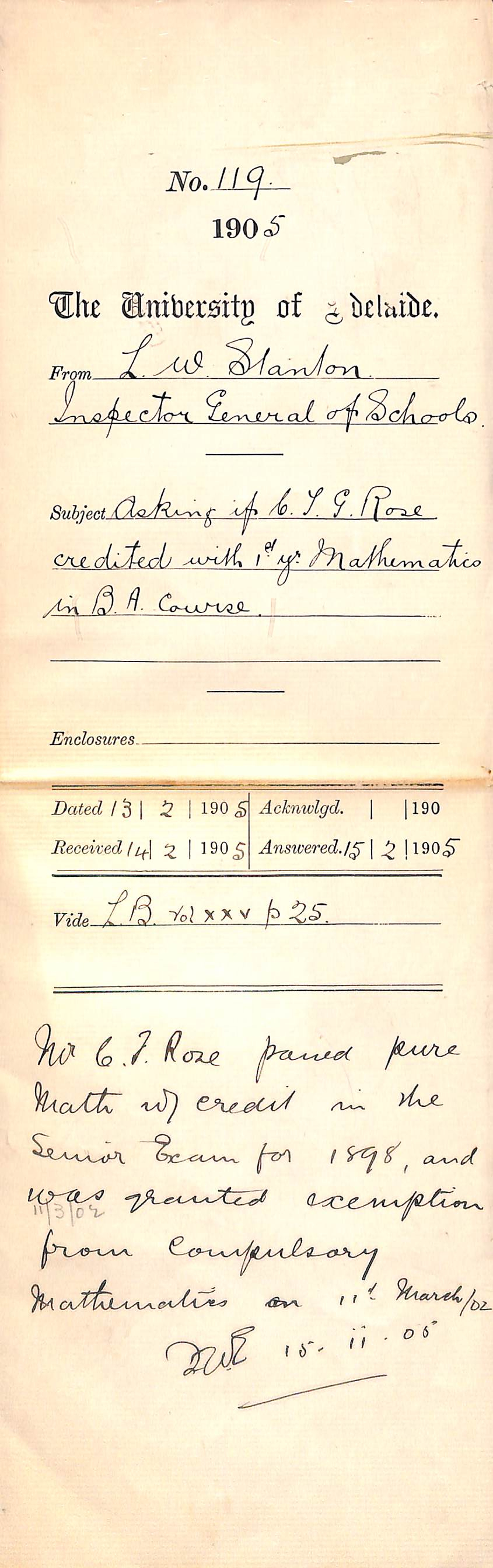 Asking if Mr Clement T G Rose credited with 1st Year Mathematics in BA