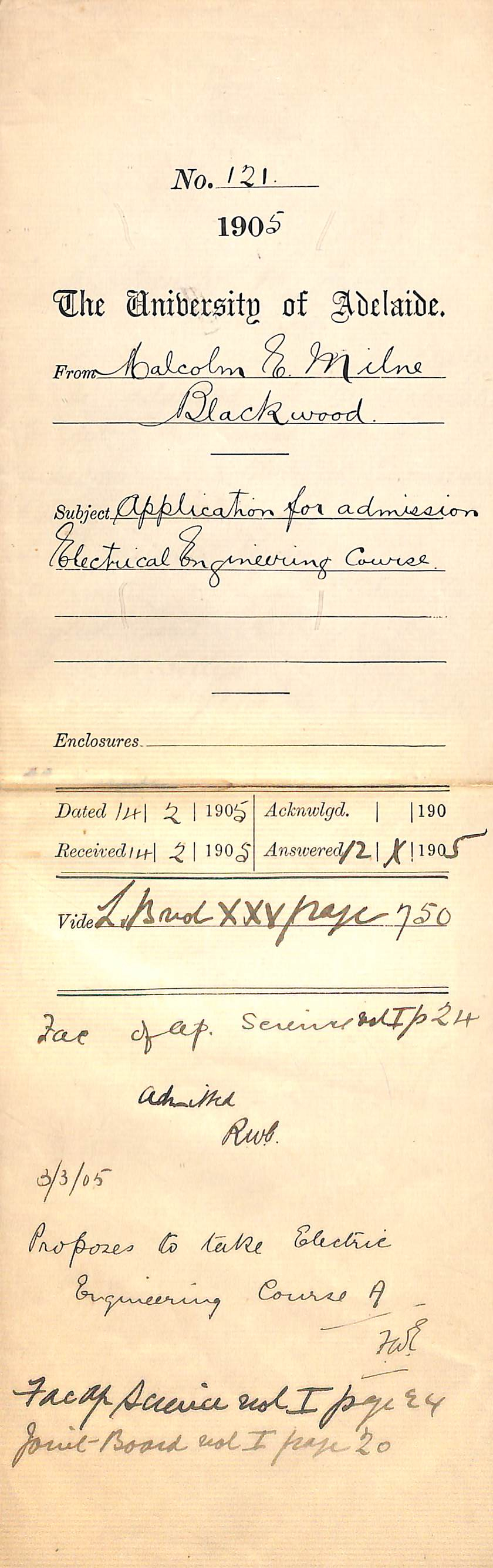 Application for admission to the Electrical Engineering Course