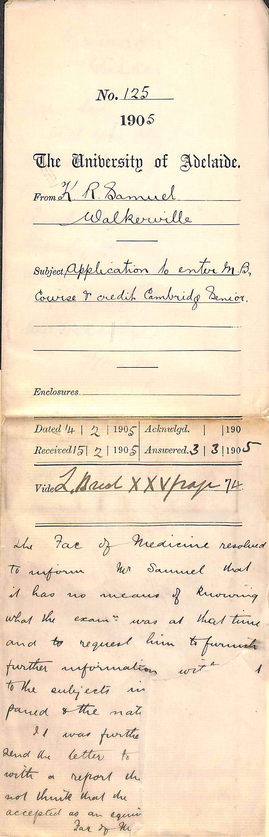 Application to enter MB Course - Credit the Senior Cambridge Examination