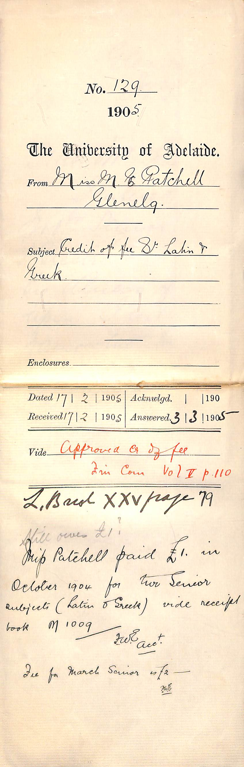 Credit of fee - Senior Latin &amp; Greek