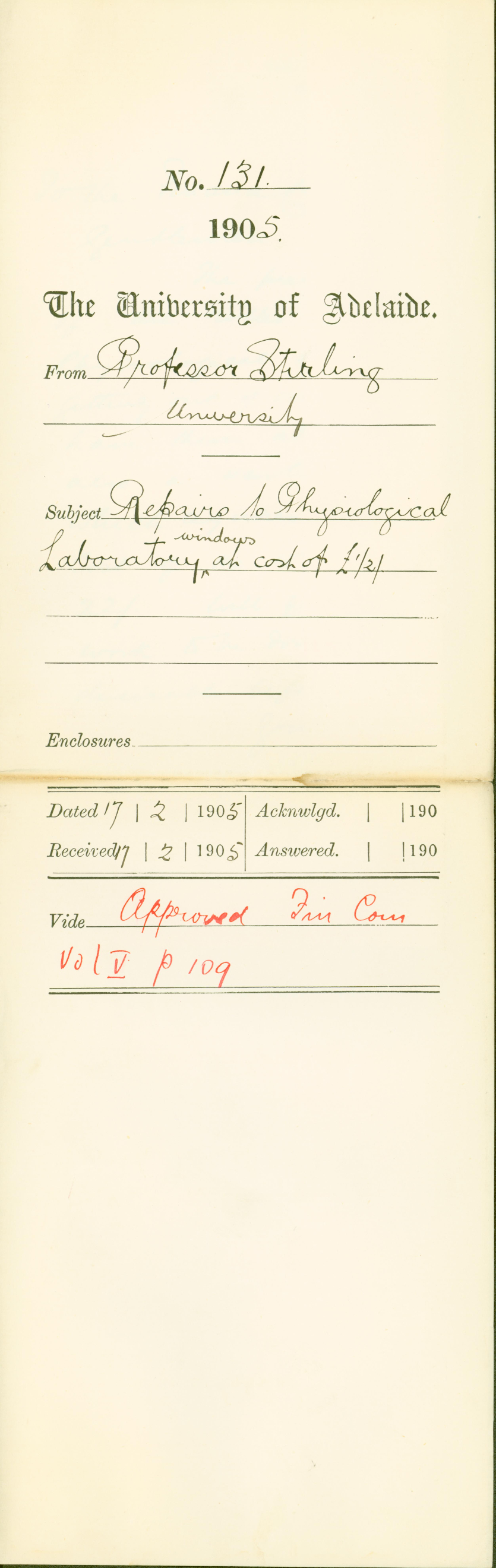 Repairs to Physiological Laboratory windows at cost of &pound;1-2-0