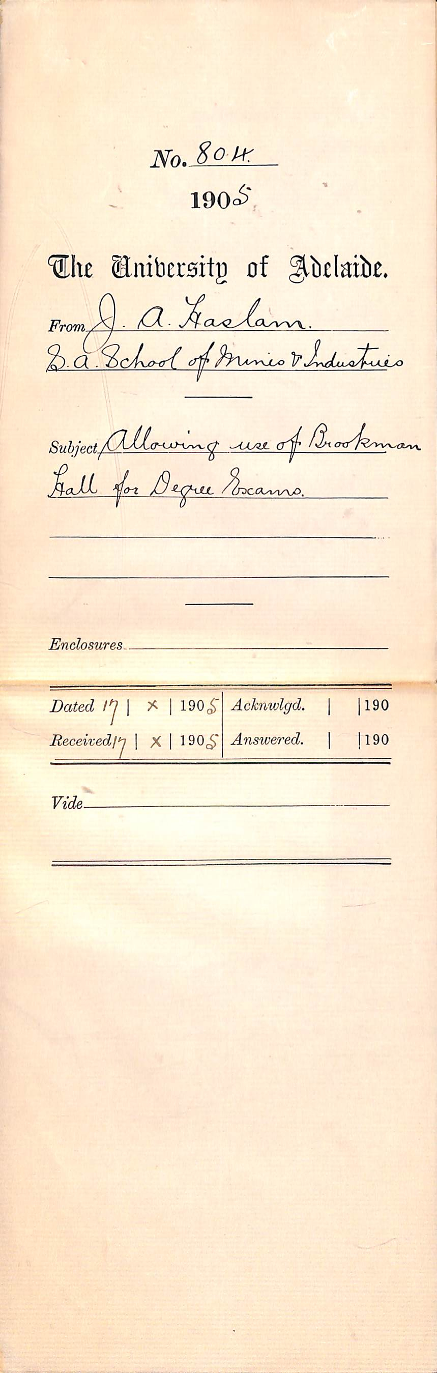 Allowing use of Brookman Hall for degree exams