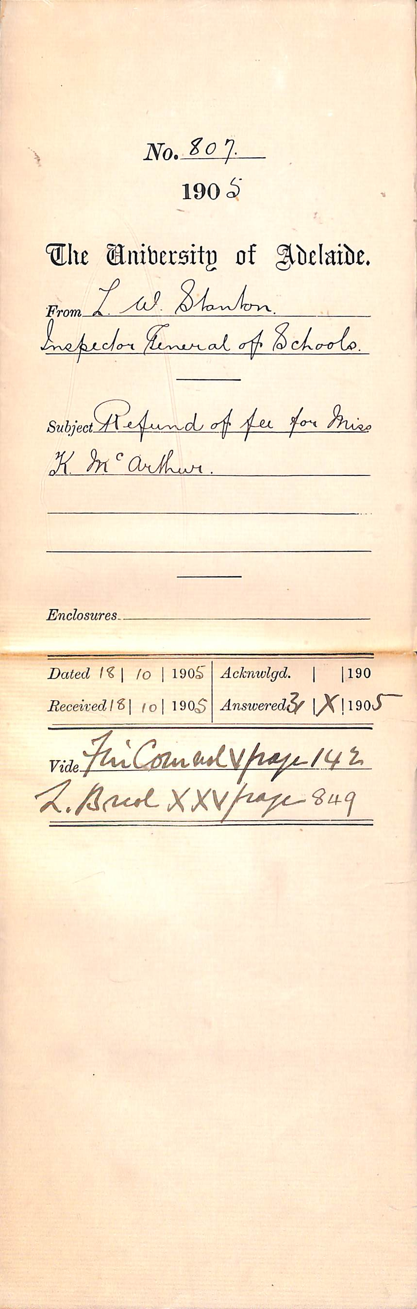 Refund of fee for Miss K M McArthur