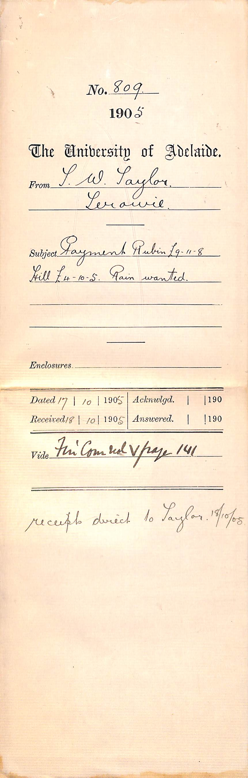 Enclosing payment for Rubin and Hill