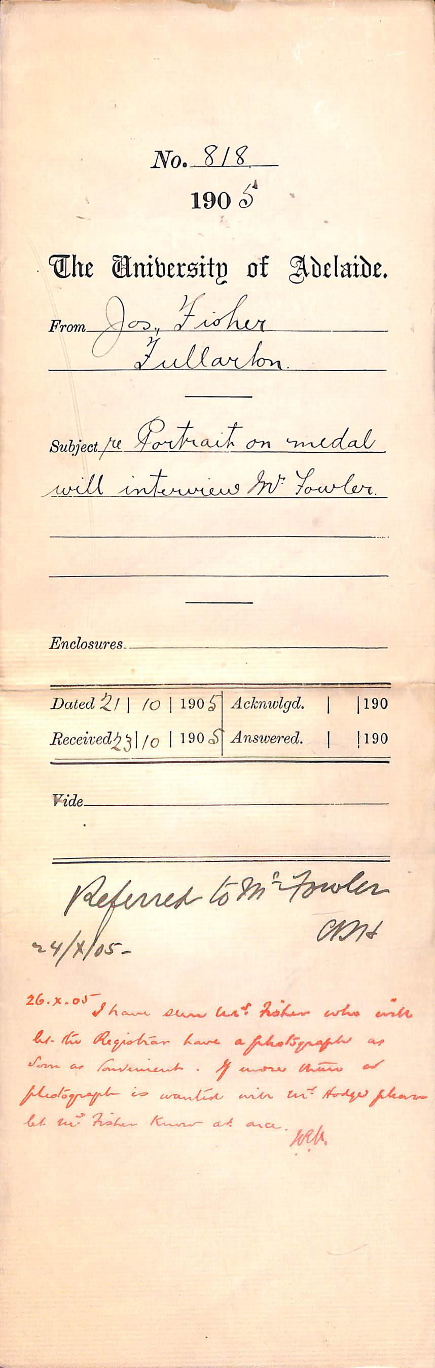 Regarding portrait on medal and interview of Mr Fowler