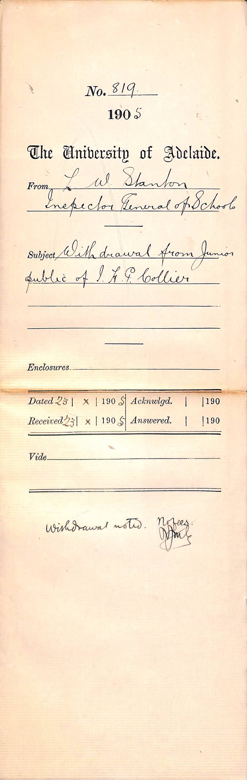 Withdrawal from examination by I H P Collier