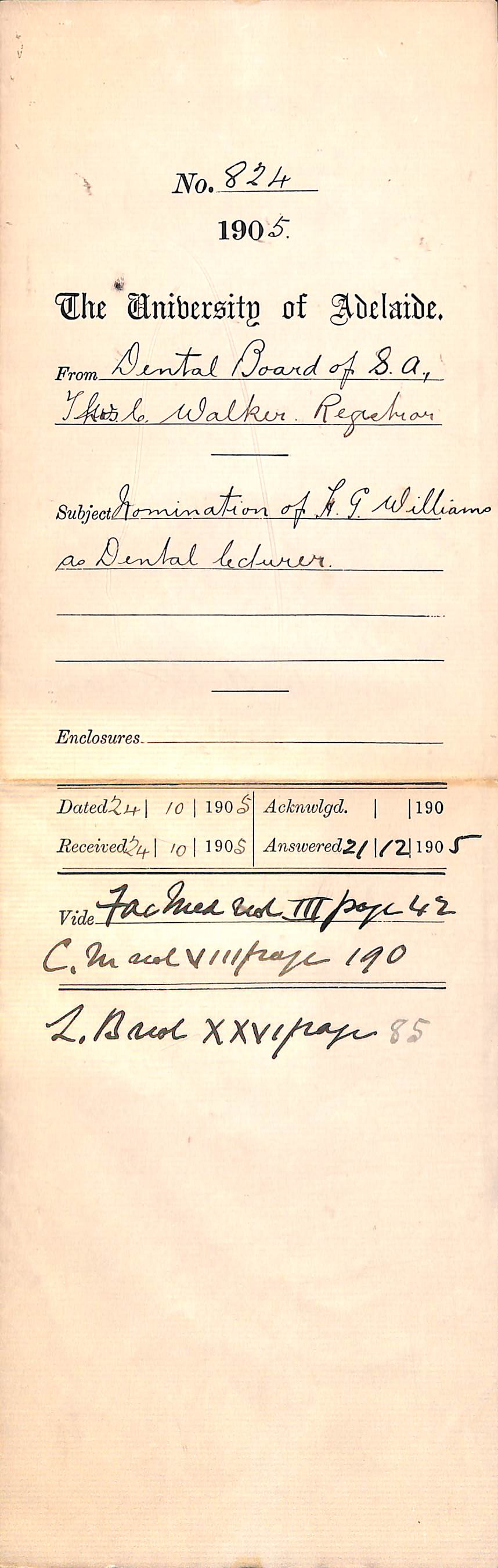 Nomination of H G Williams as Dental Lecturer