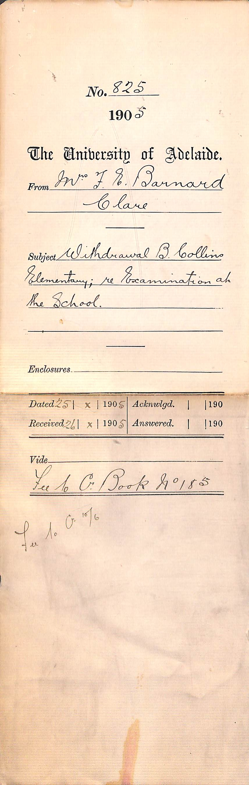 Withdrawal of B Collins - regarding examination at the school