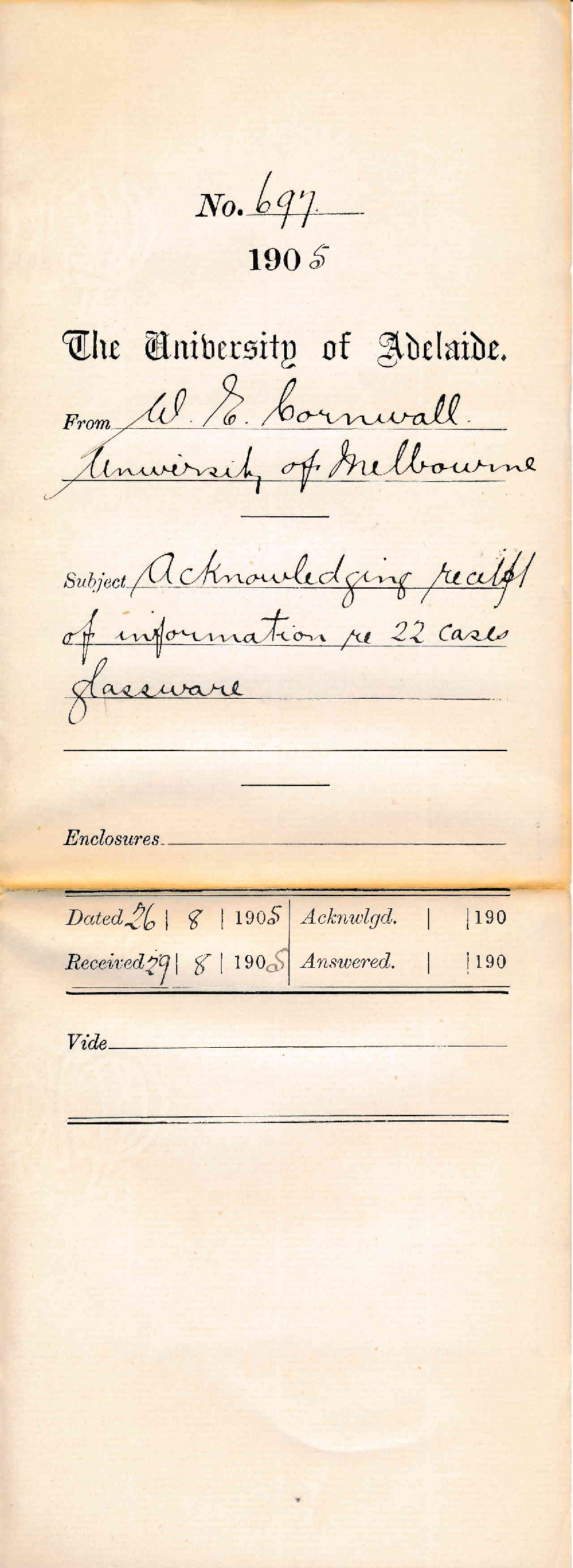 Acknowledging receipt of information re 22 Cases Glassware