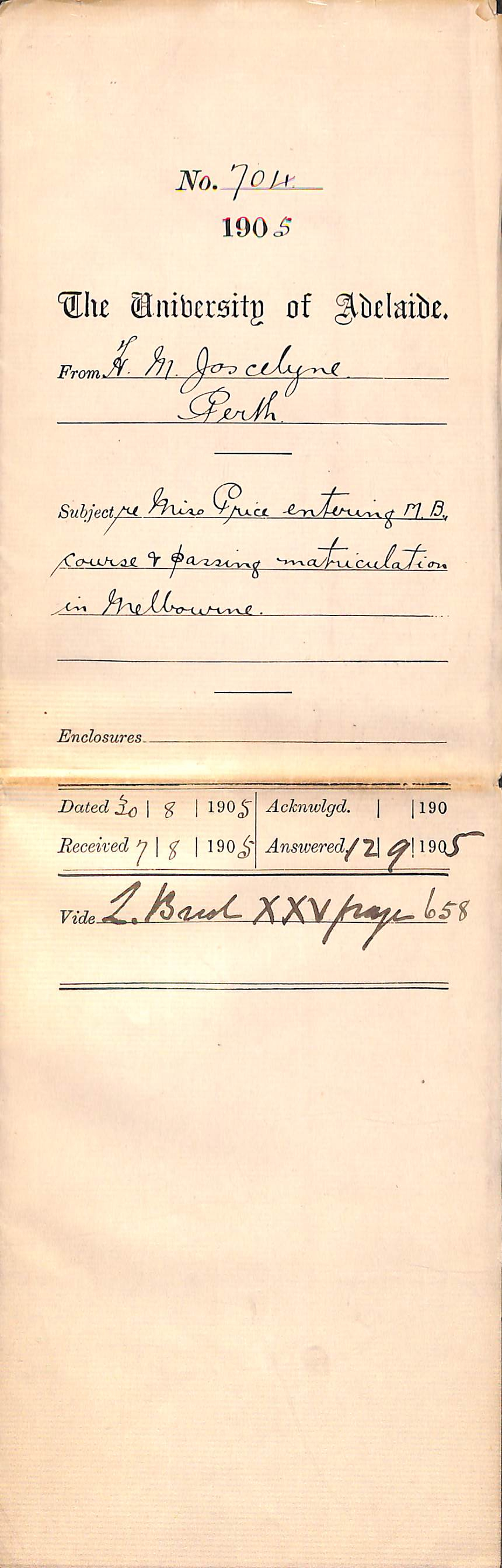 Miss Price Entering MB Course and passing Matriculation in Melbourne