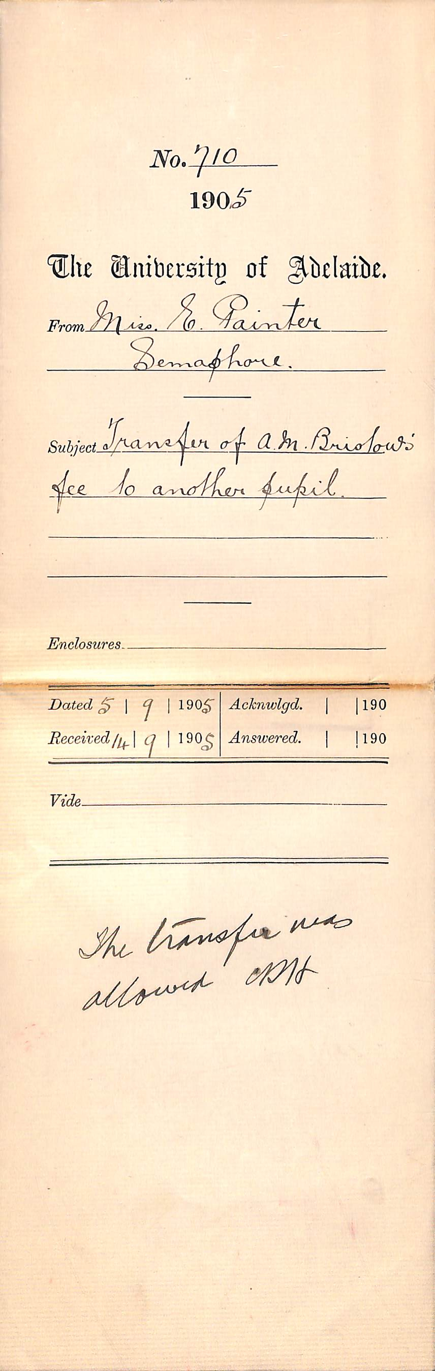 Transfer of A M Bristows fee to another pupil