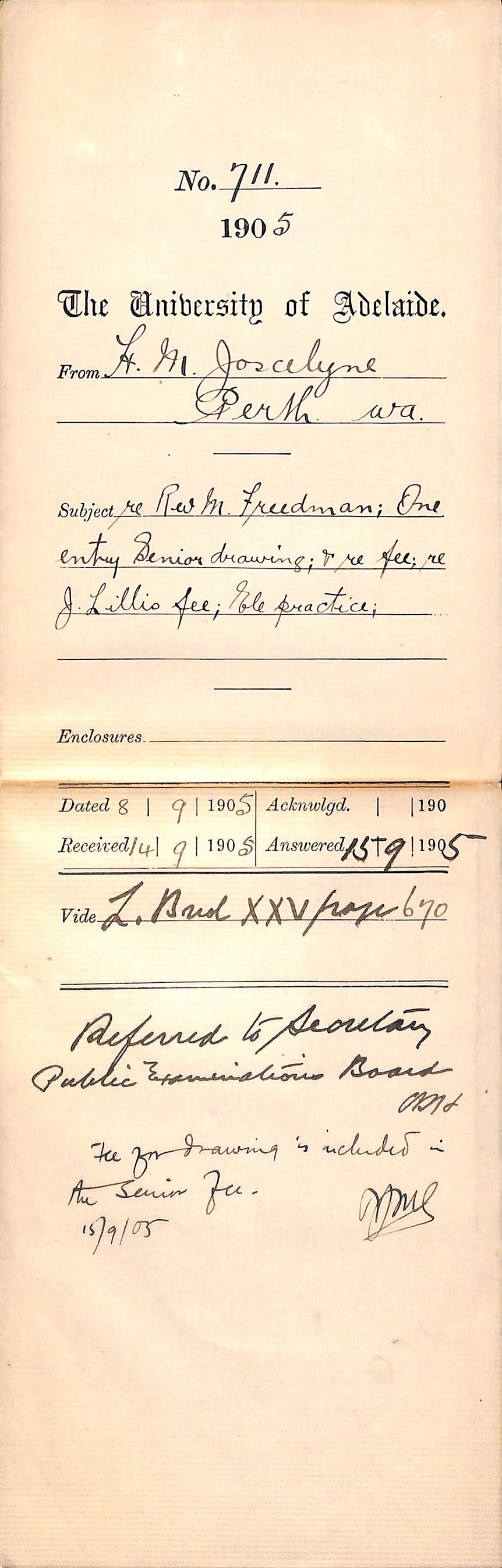 Reverend M Freedman One Entry Senior Drawing fee - J Lillis fee Elementary Practice