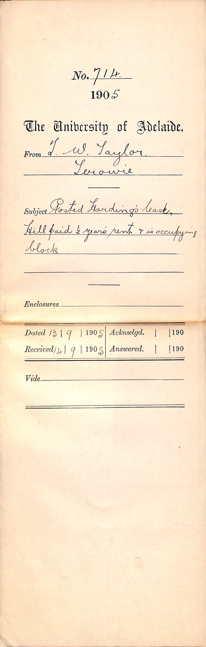 Posted Hardings lease Hill paid half years rent and is occupying block