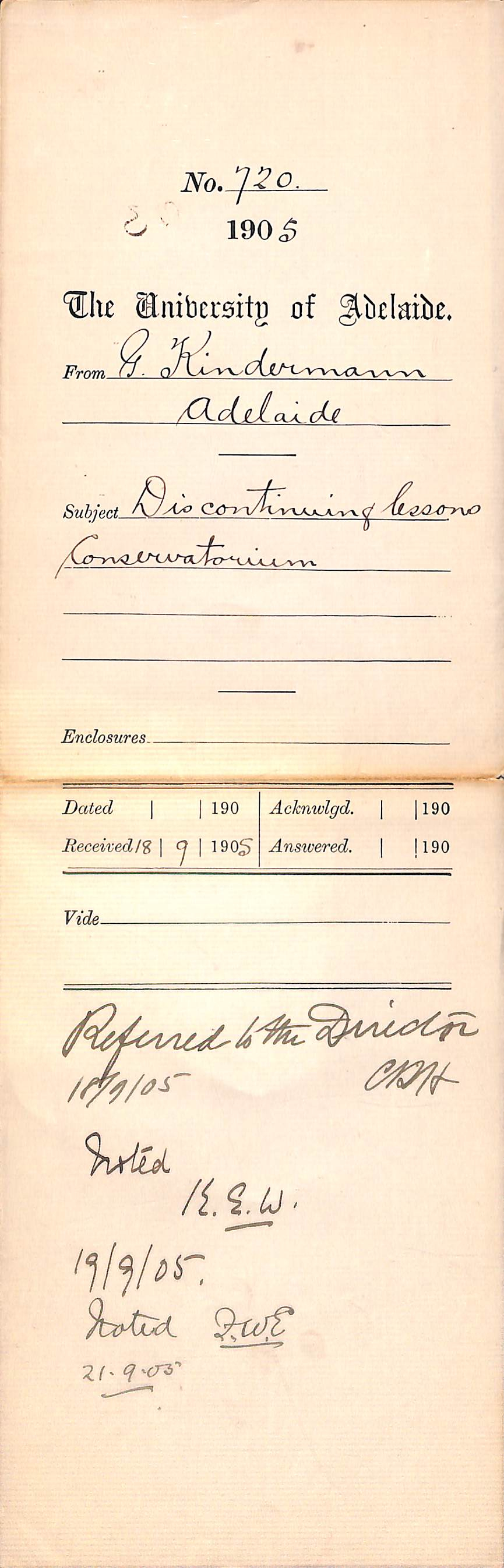 Discontinuing lessons Conservatorium - Kindermann