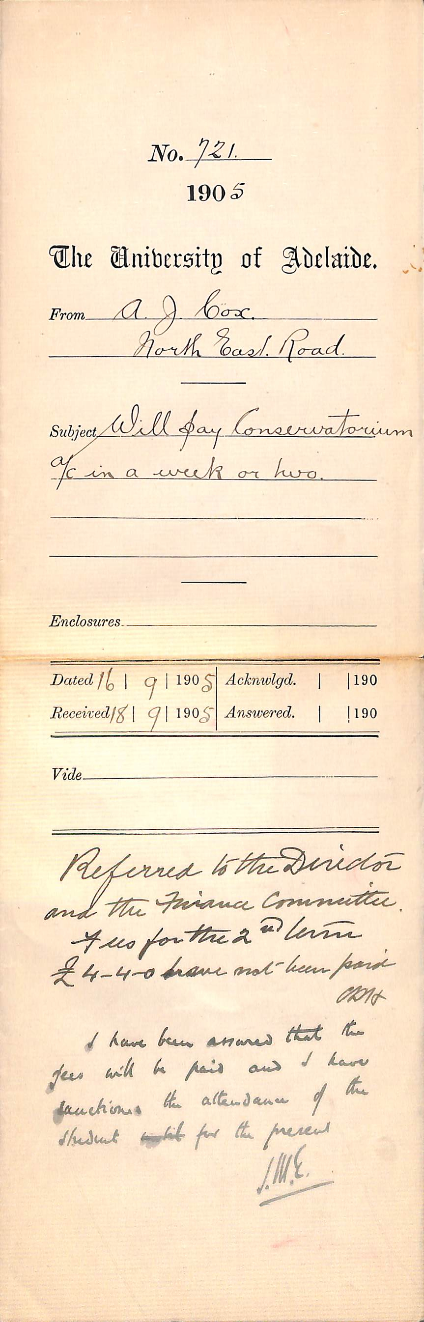 Will pay Conservatorium Account in a week or two