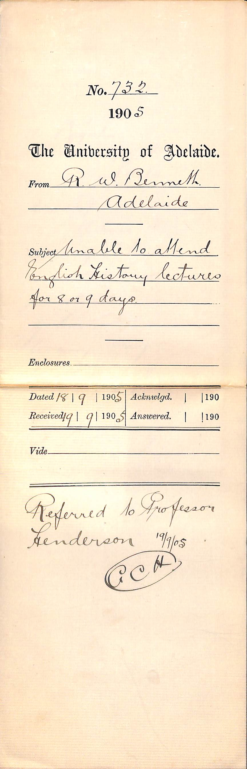 Unable to attend English History lectures for 8 or 9 days