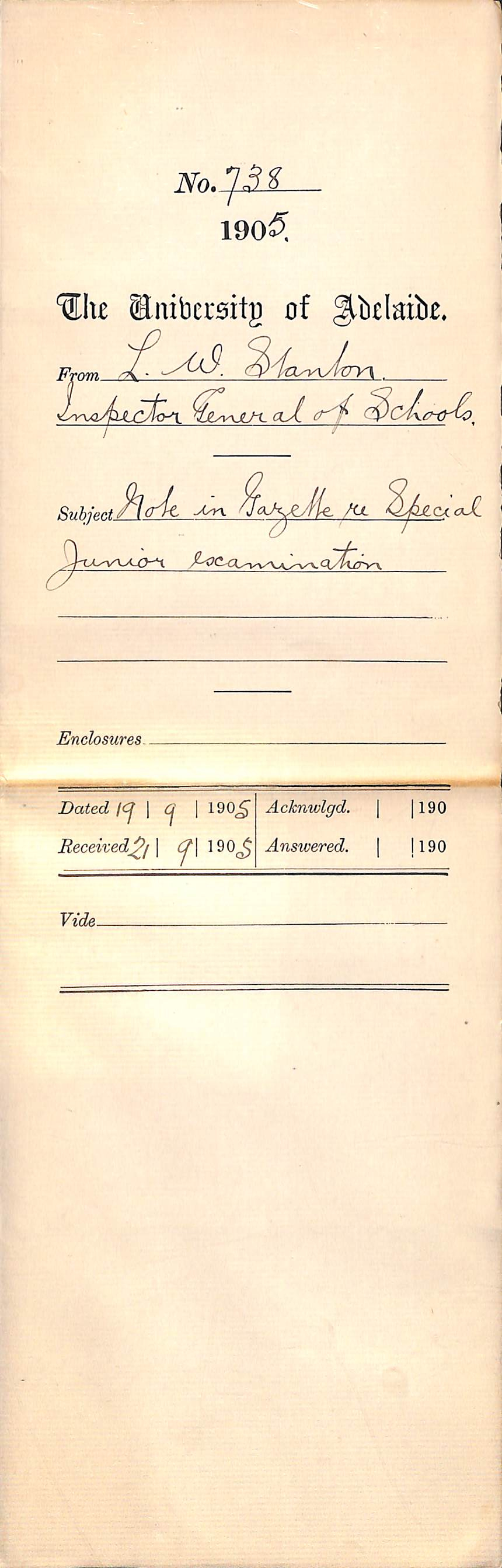 Note in Gazette re Special Junior Examination